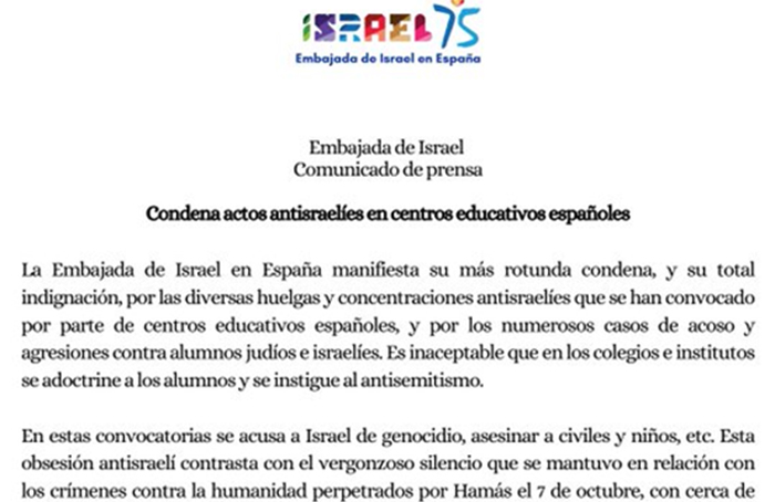 Injerencia insolente: La embajada de Israel en España amenaza a los estudiantes españoles por apoyar a Palestina